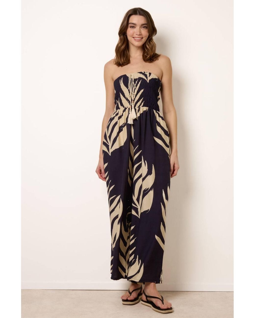 Blue Vanilla Blue Shirred Waist Sleeveless Slip On Tie Jumpsuit