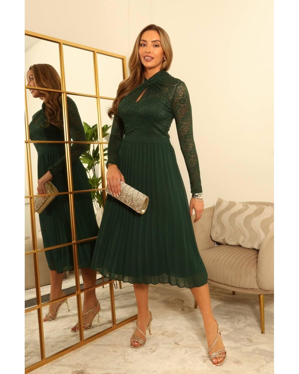 Double Second Green Long Sleeve Twist Lace Neck Midi Dress