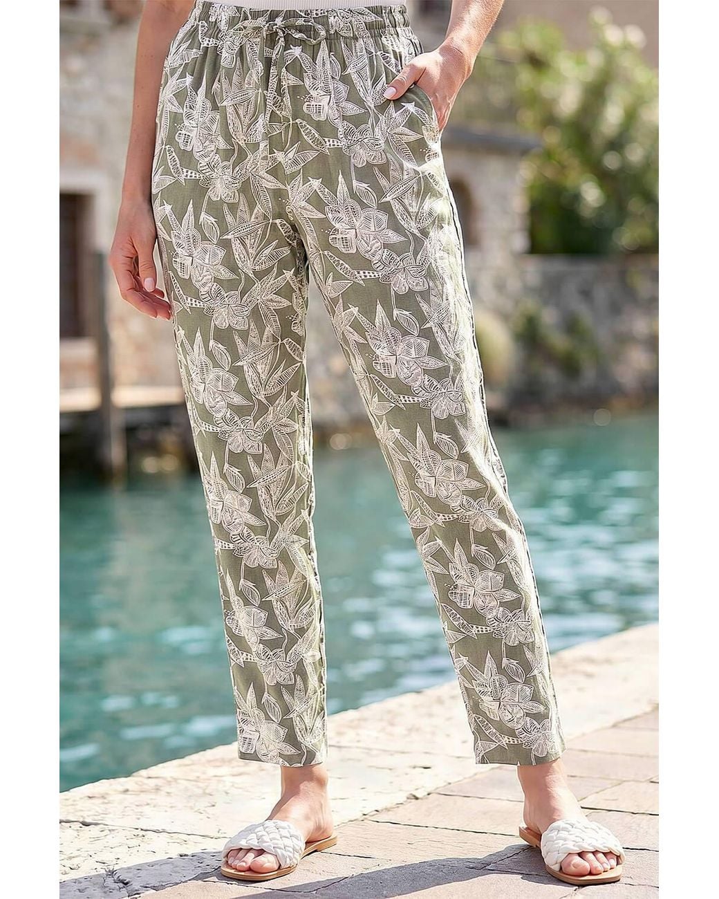 Roman Green Classic Floral Print Stretch Trouser
