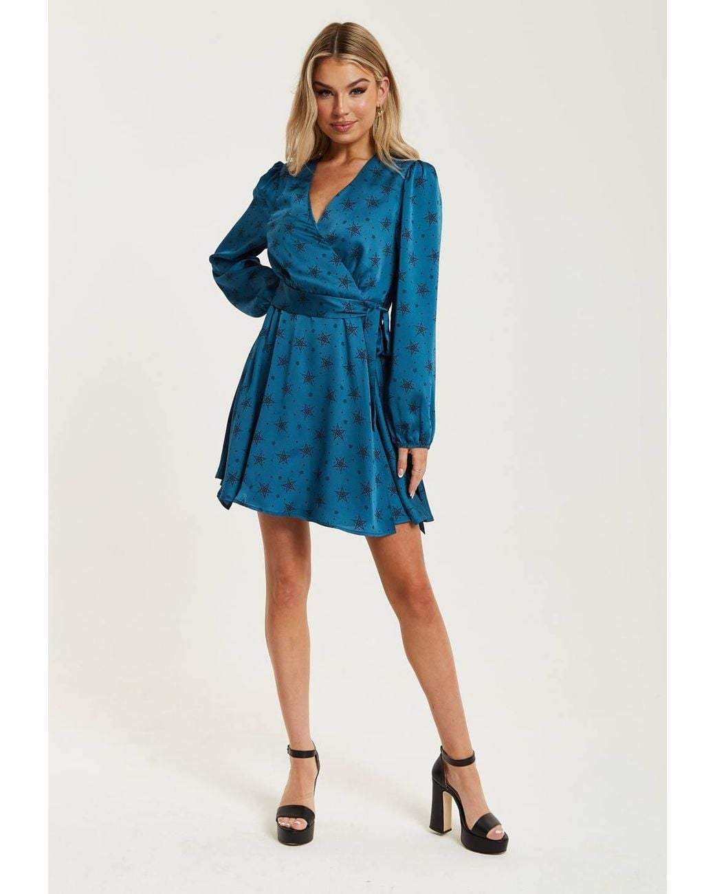 Liquorish Blue Star & Polka Dot Print Mini Wrap Dress W/ Long Sleeves