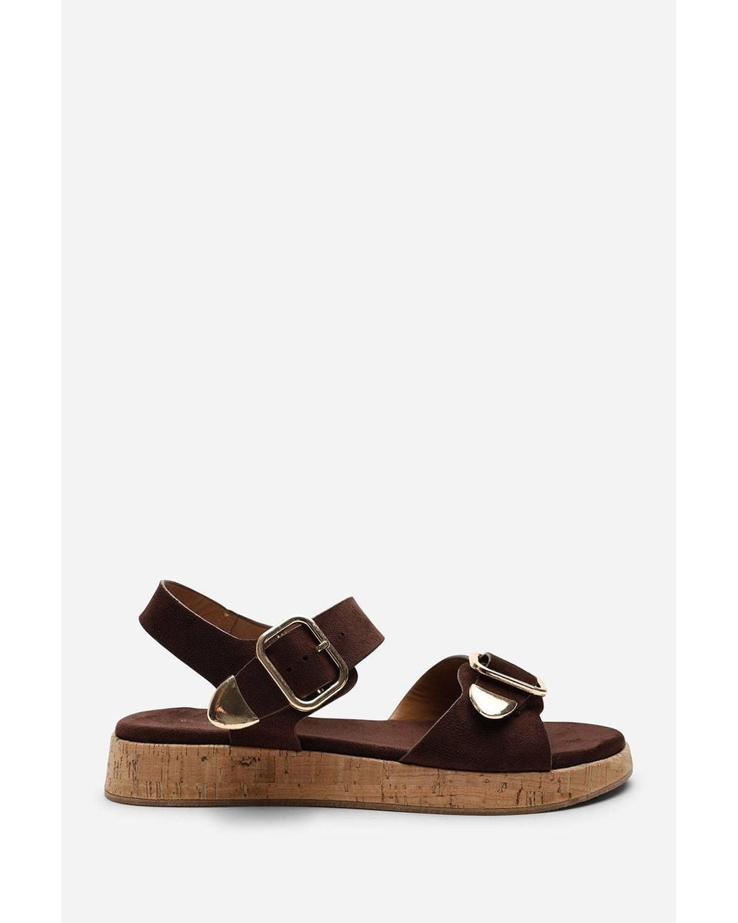 Where's That From Brown 'Cevina' Low Wedge Sandals W/ Dual Buckle Closure Straps