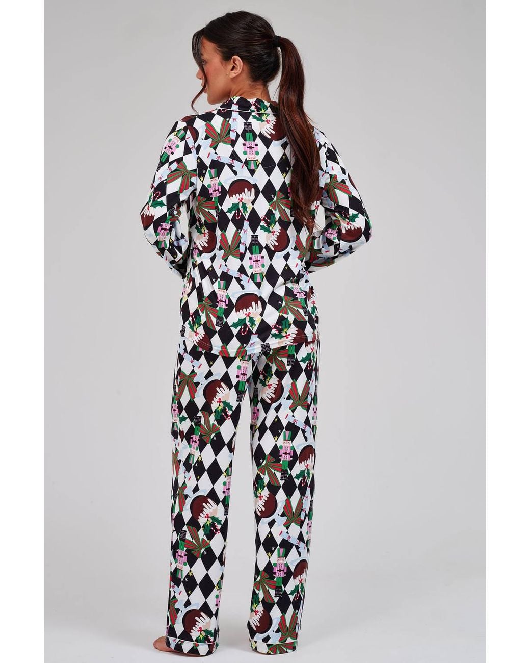 Loungeable White Christmas Argyle Ls Button Down Traditional Pyjama Set