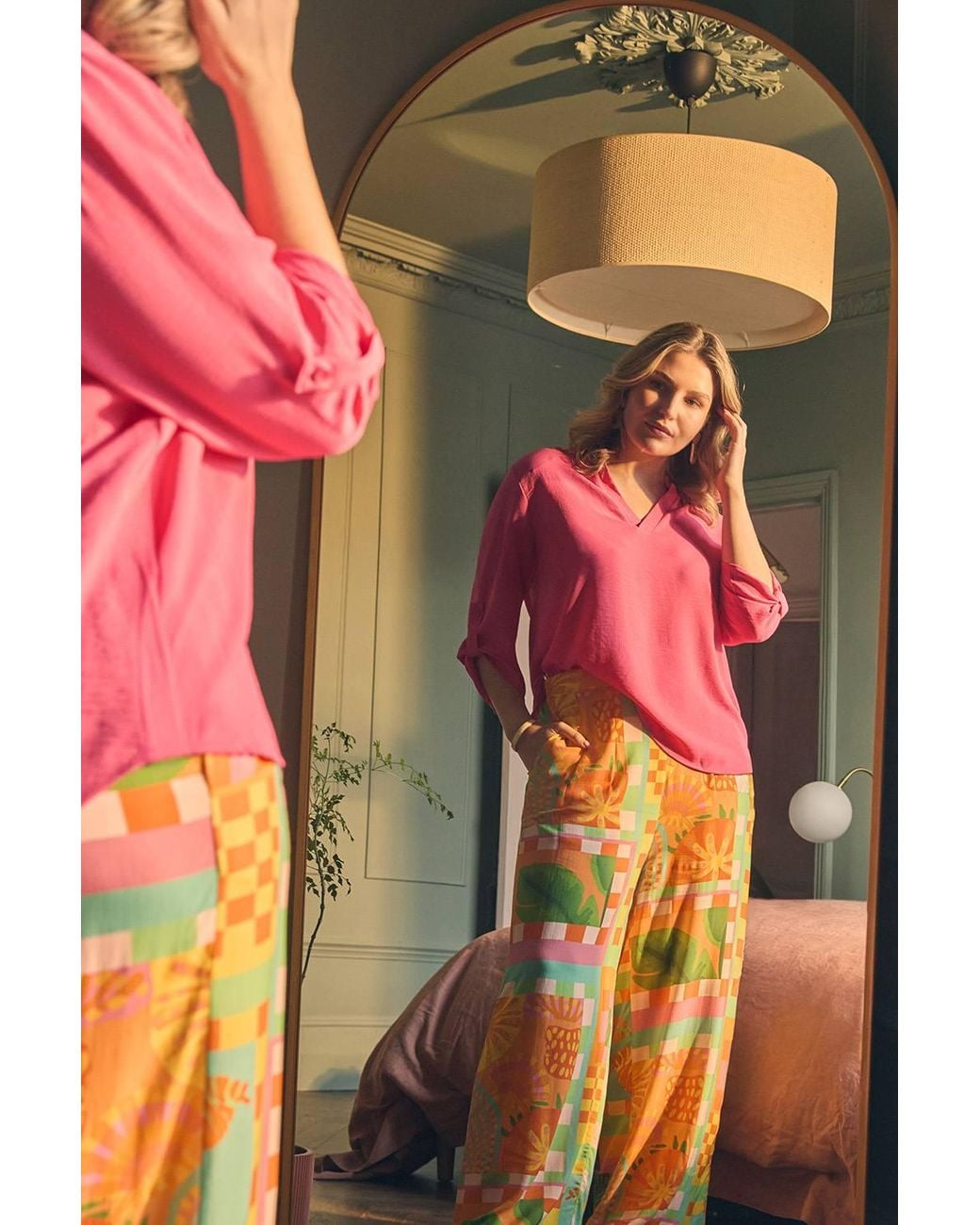 Izabel London Orange Tropical Tile Print Wide Leg Trousers