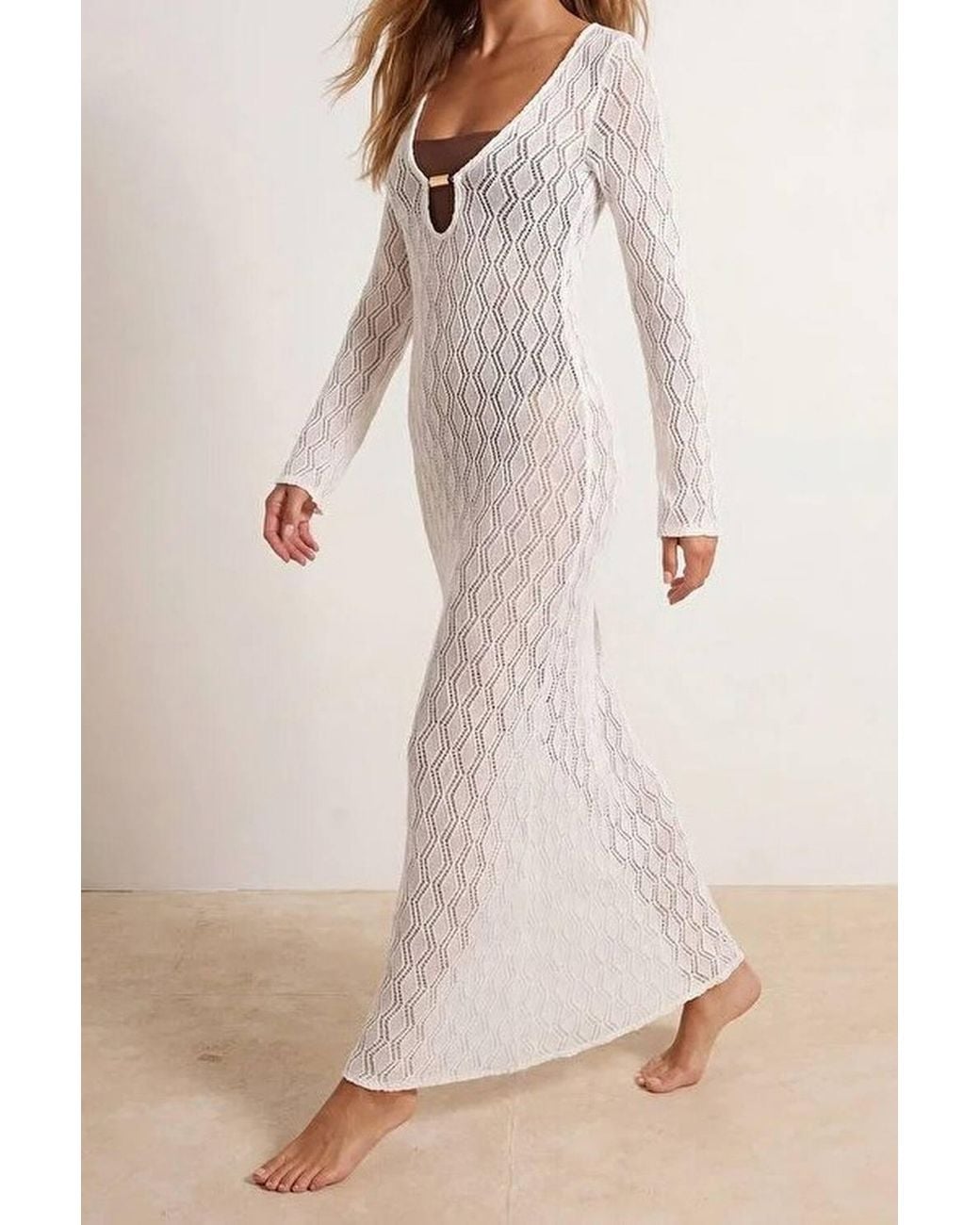 WOVCOR Pink Sheer Knit Cut Out Maxi Beach Dress Cover Up