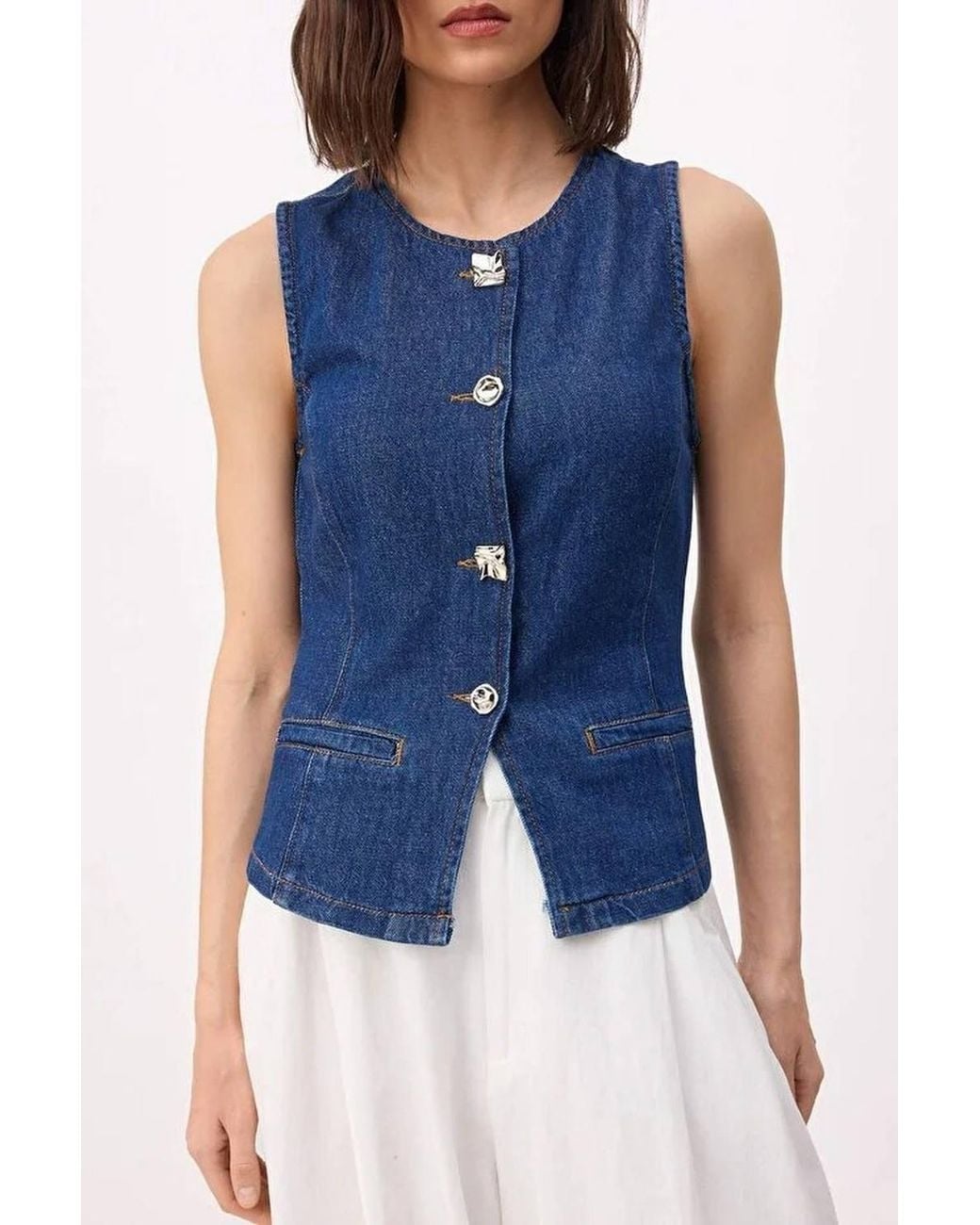 WOVCOR Blue Fitted Denim Vest W/ Button Detail Sleeveless Design