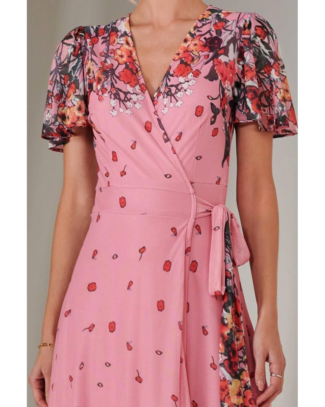 Jolie Moi Pink Mirror Print Mesh Wrap Maxi Dress