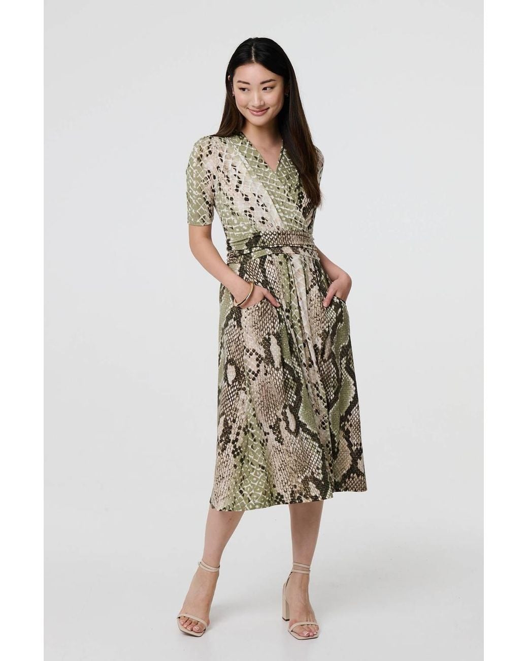 Izabel London Green Snake Print 1/2 Sleeve Jersey Midi Dress