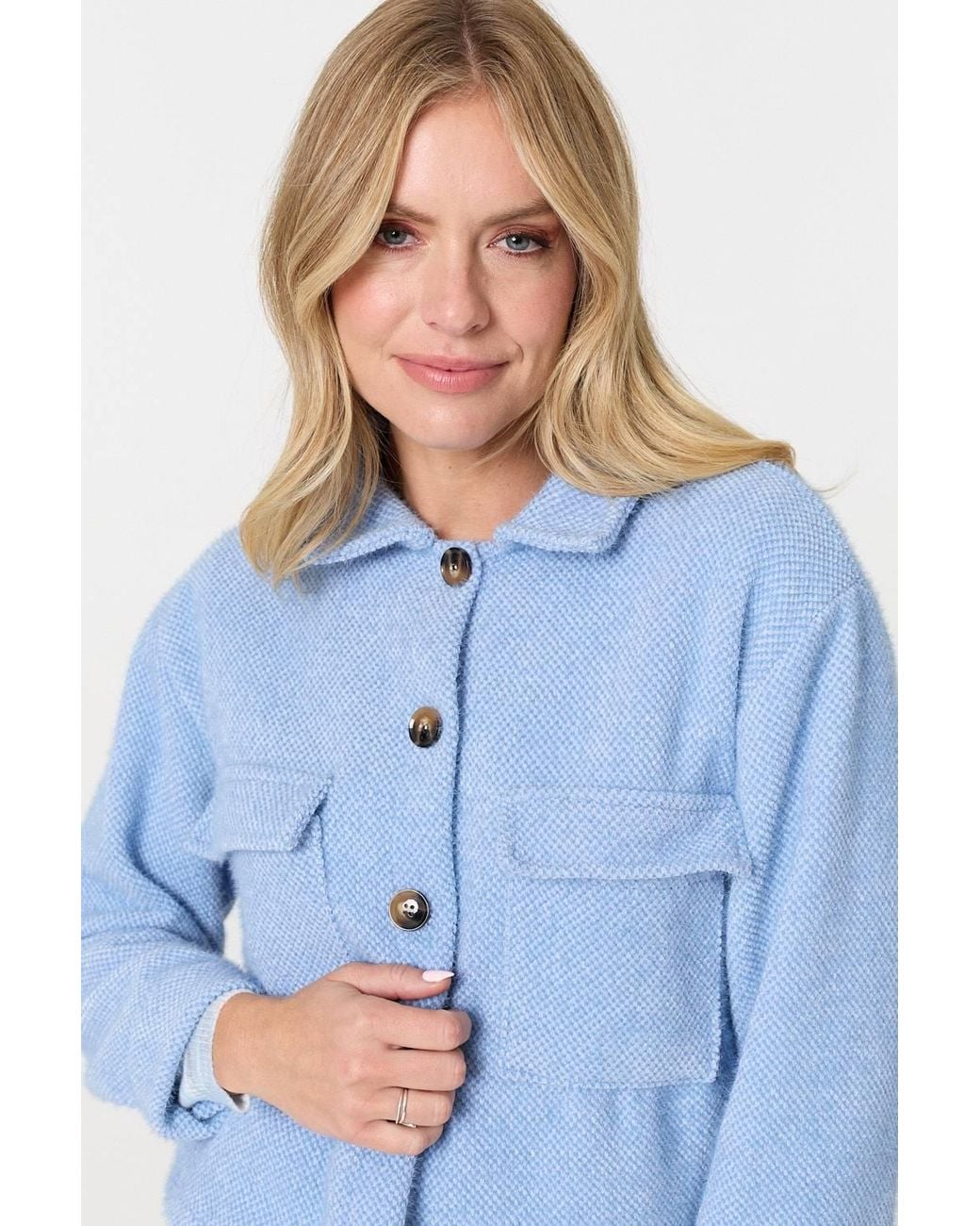 Izabel London Blue Flannel Cropped Pocket Front Shacket Jacket