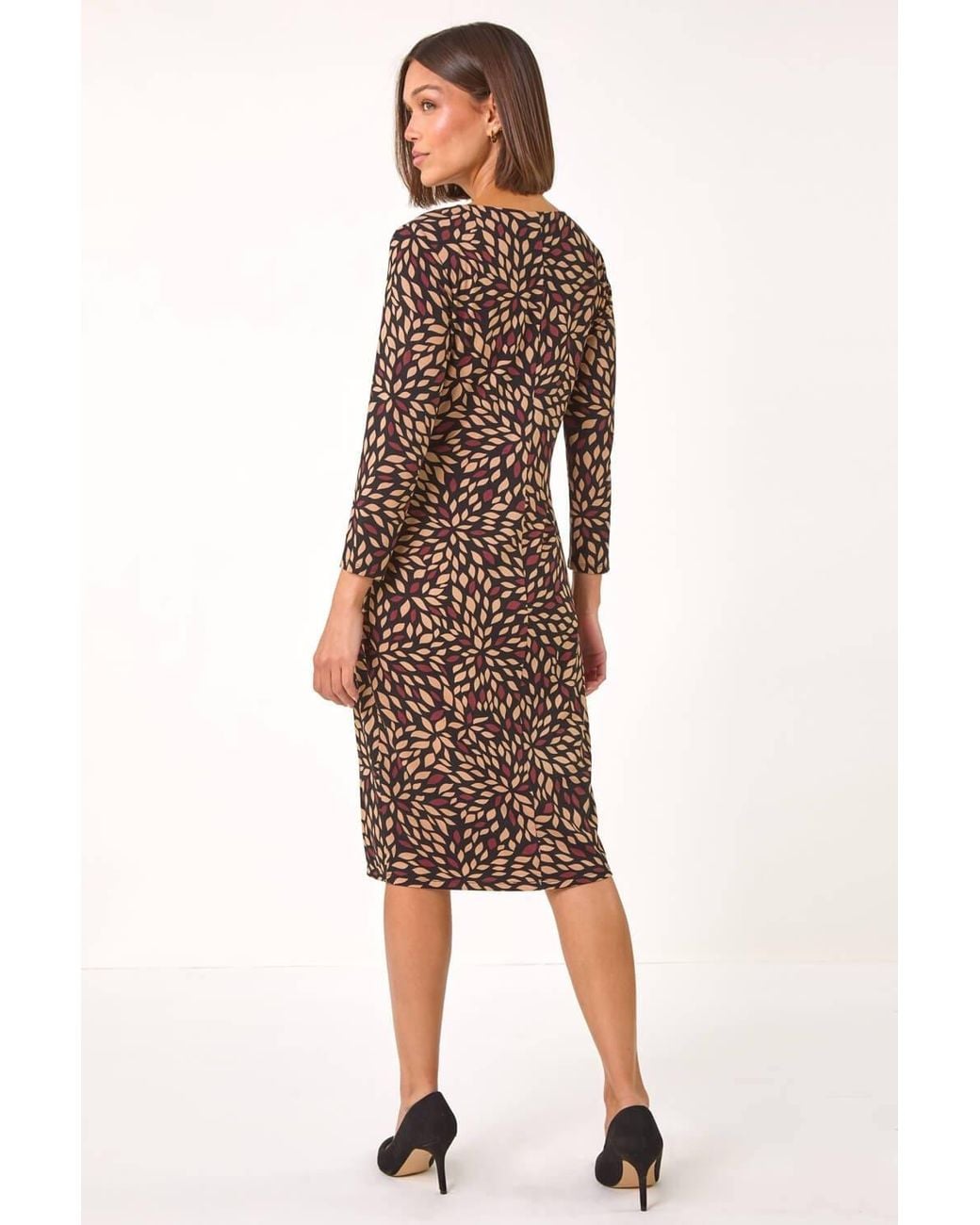 Roman Natural Leaf Print Side Twist Stretch Midi Dress