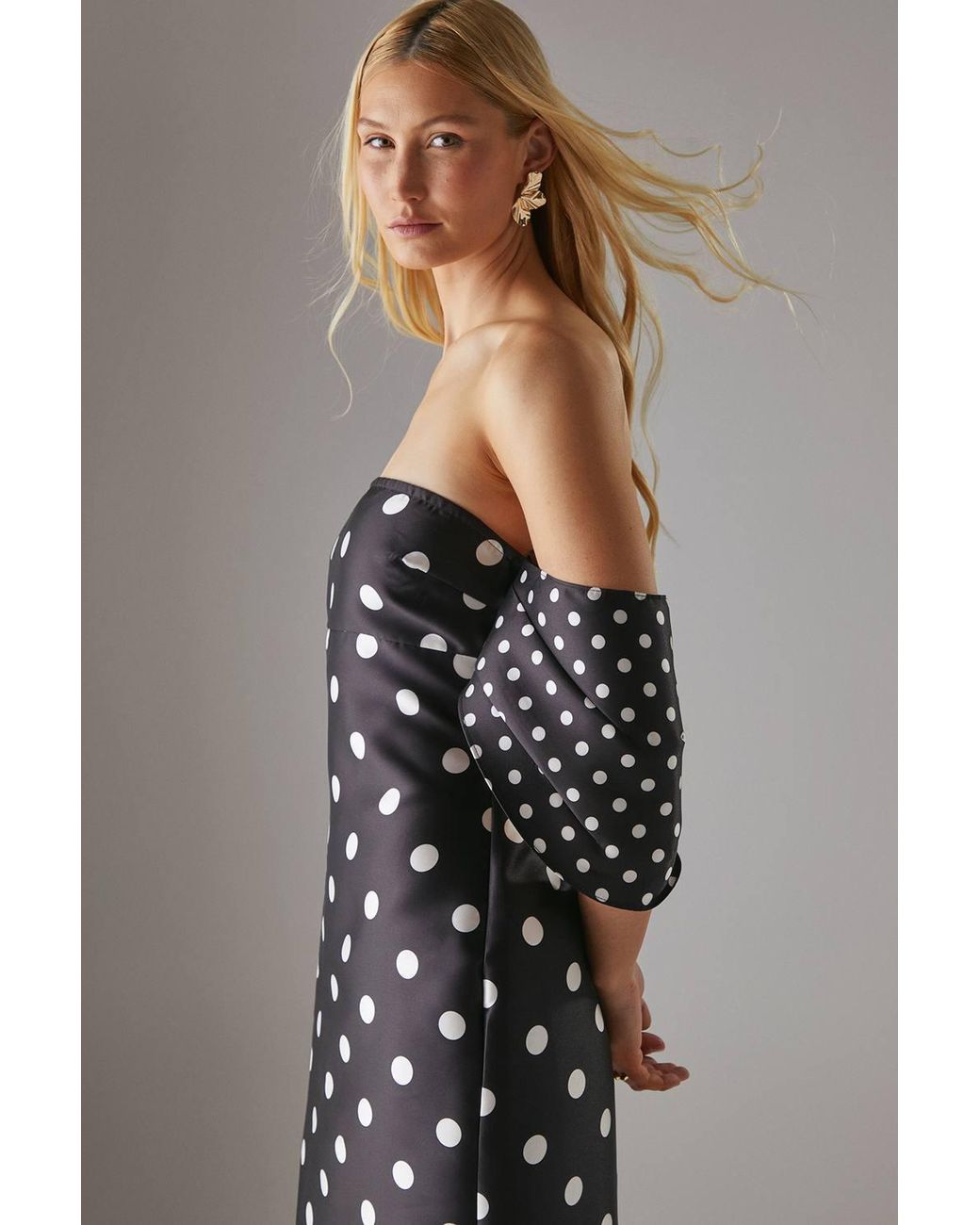 Warehouse Gray Spot Structured Puff Sleeve Bardot Midi Dress