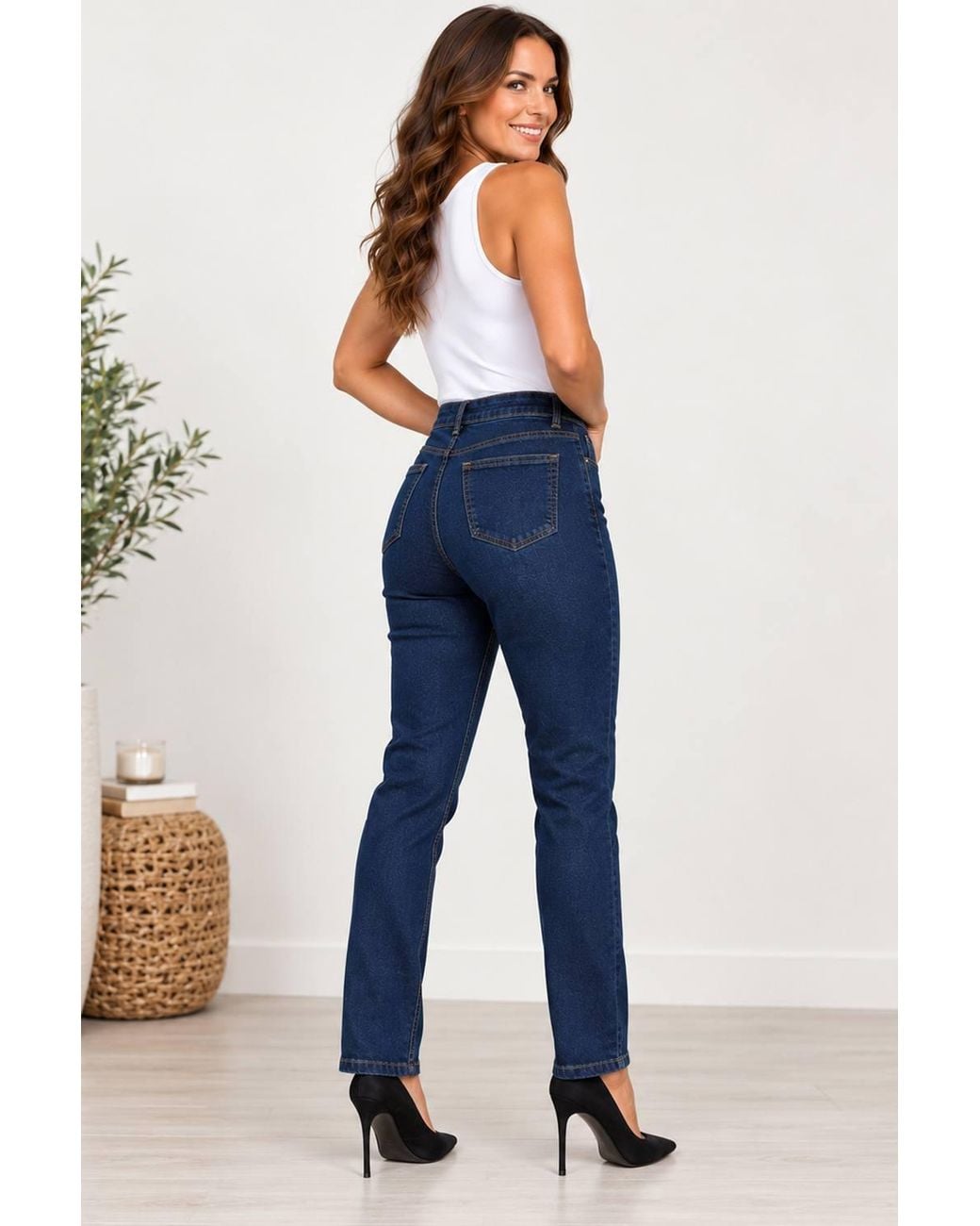 Paulo Due Blue High Waist Slim Fit Straight Leg Stretch Jeans