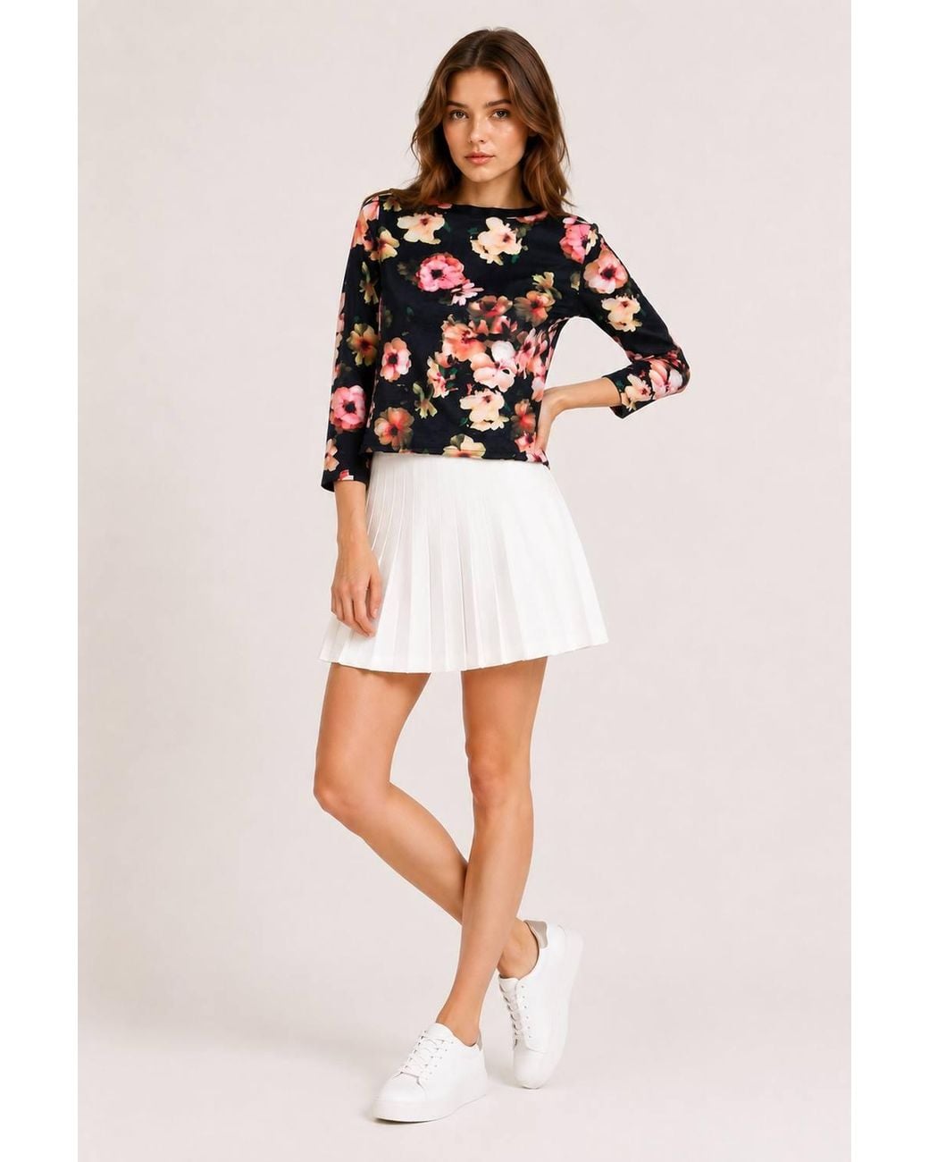 Cutie London Black Floral Print Boat Neck Long Sleeve Top