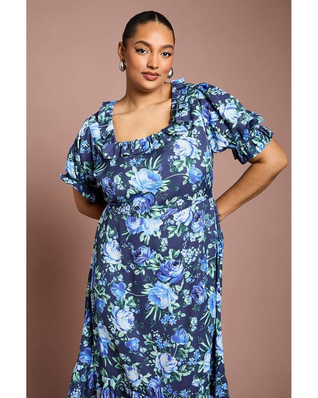 Dorothy Perkins Blue Plus Ruffle Neckline Frill Sleeve Tiered Midi Dress