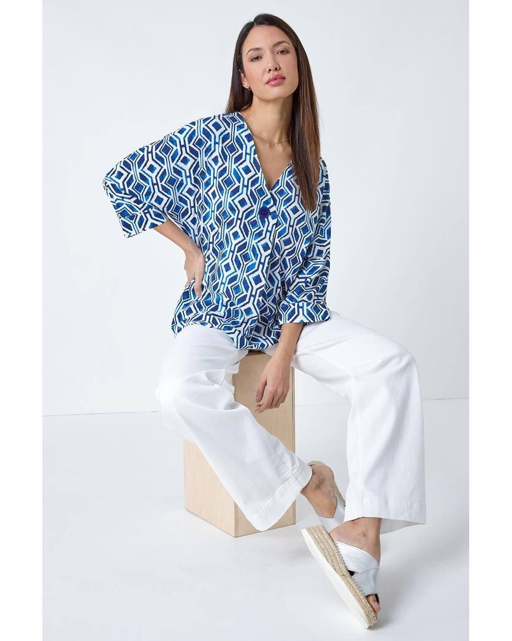 Roman Blue Geometric Pleated Button Detail V-Neck Top