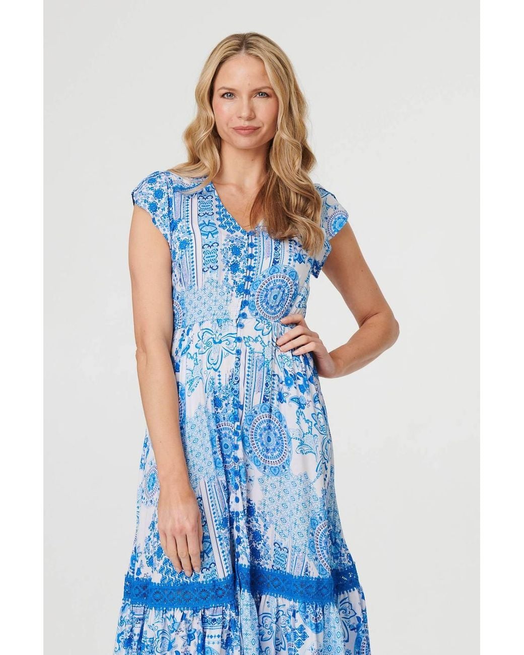 Izabel London Blue Abstract Printed Lace Trim Midi Dress