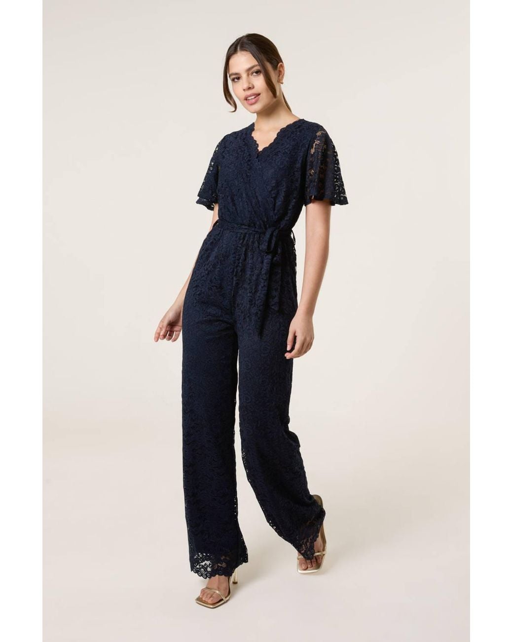 Blue Vanilla Blue Short Sleeve Belted V-Neck Jumpsuit
