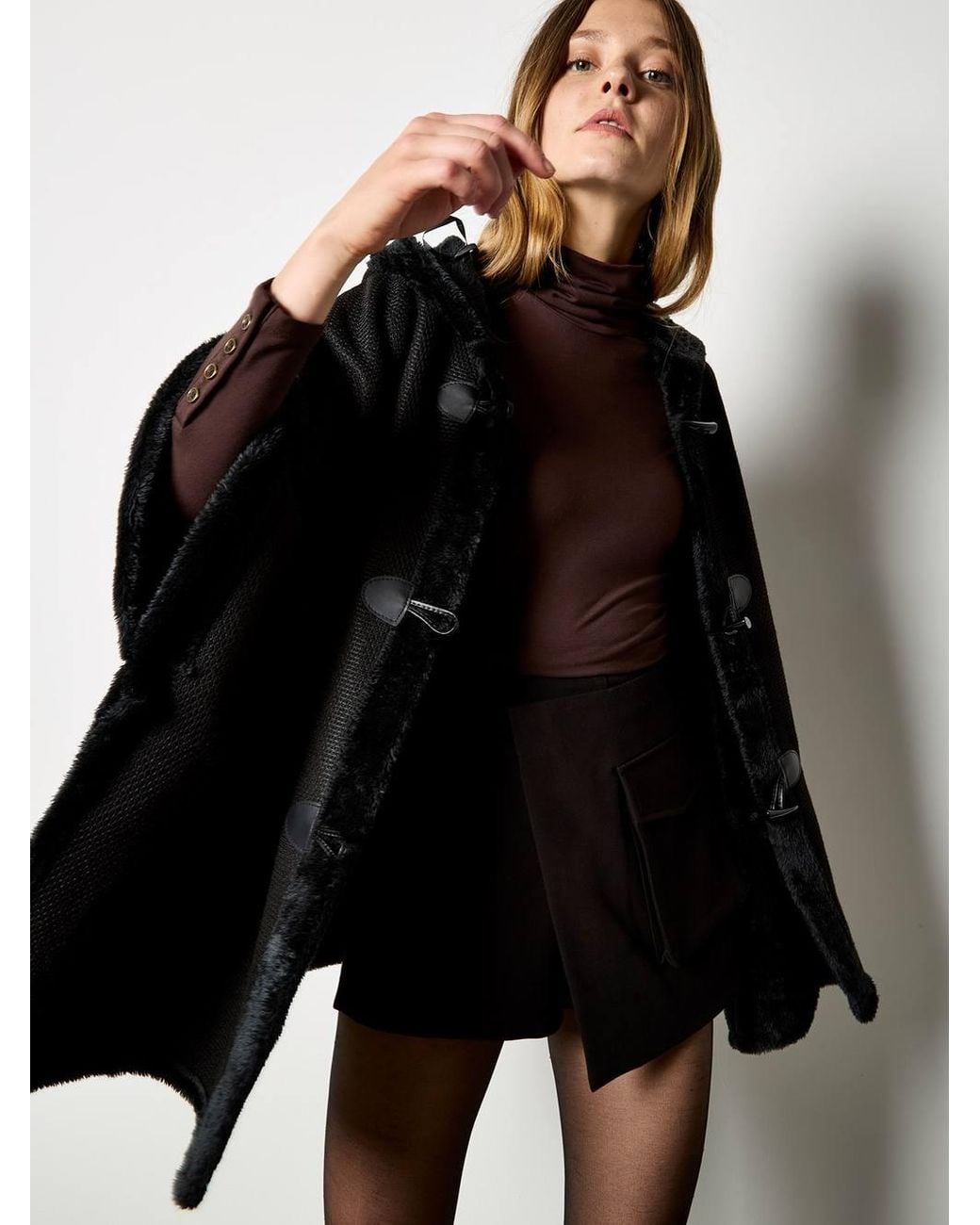 Apricot Black Faux Fur Trim Waffle Knit Cape