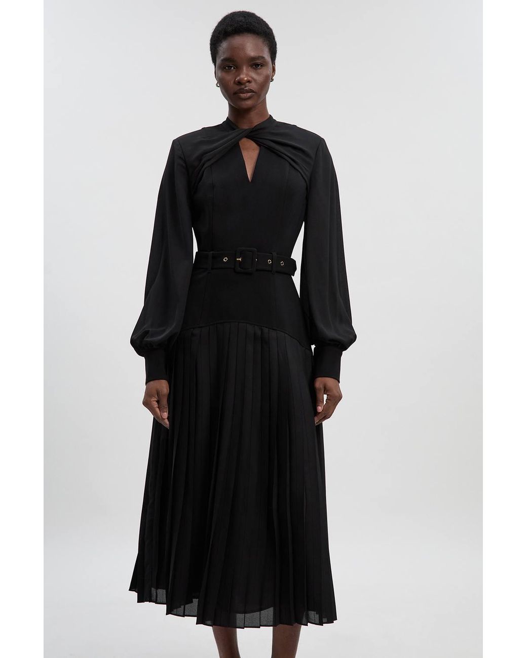 Karen Millen Black Ponte And Georgette Mix Balloon Sleeve Cut Out Detail Pleated Maxi Dress