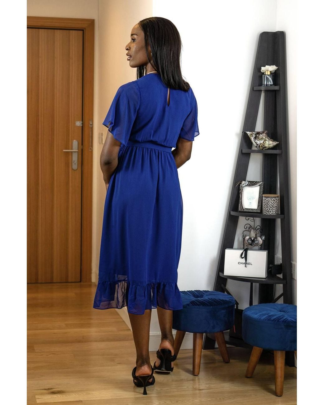 Double Second Blue Chiffon Wrap Dress W/ Tea Sleeve
