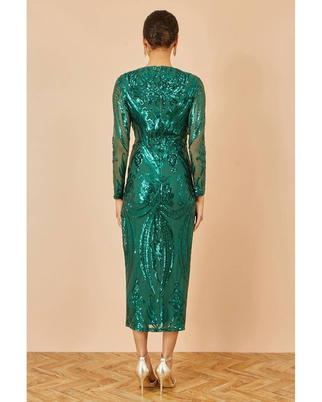 Yumi' Green Sequin Midi Wrap Dress W/ Split Hemline & Long Sleeves