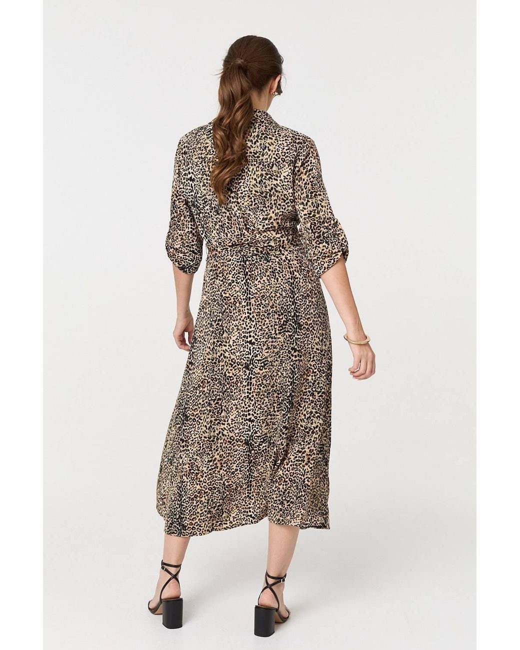 Izabel London Green Animal Print Tie Waist Midi Shirt Dress