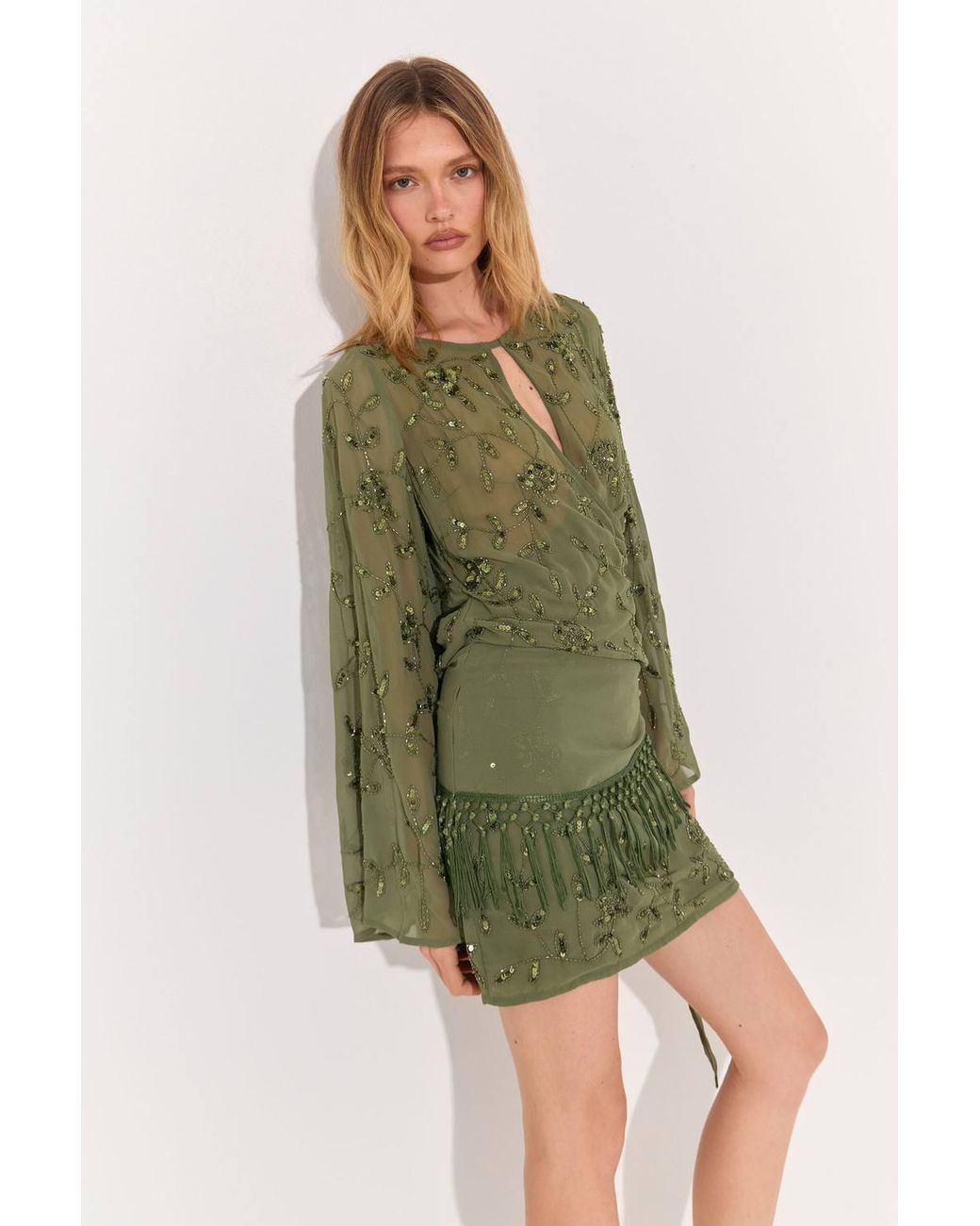 Warehouse Green Premium Embellished Tassle Detail Mini Dress