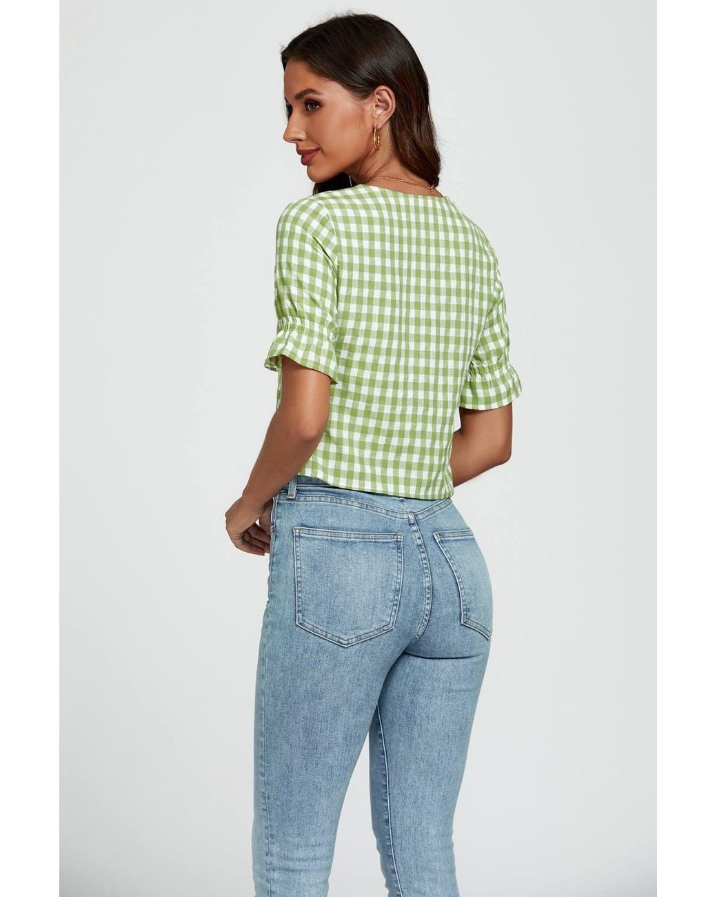 FS Collection Green Check Print Tie Front Top