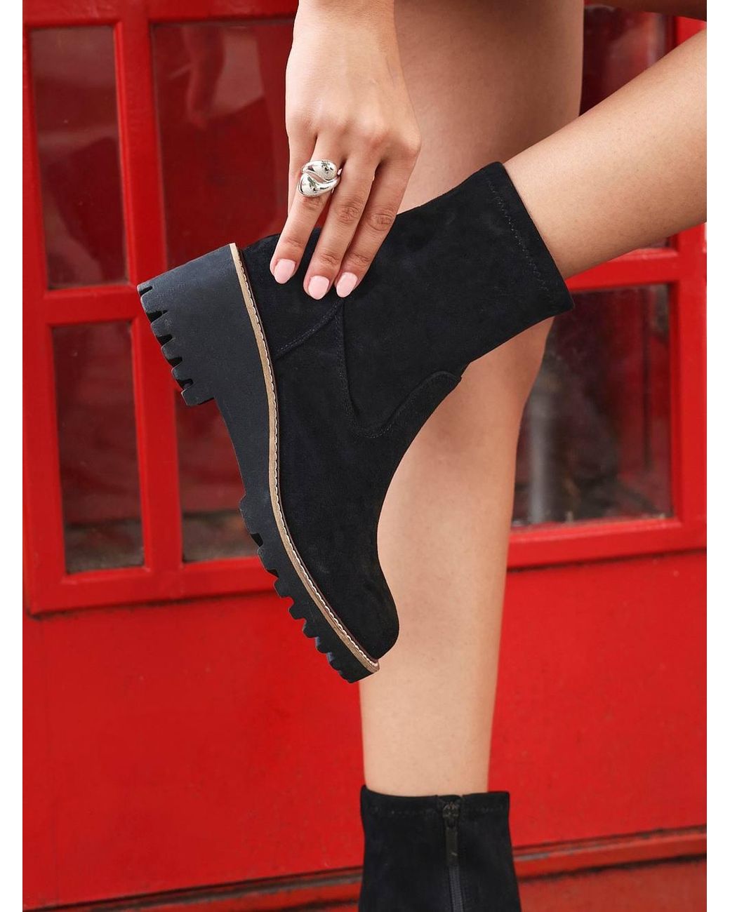 Linzi Black Trish Faux Suede Wedged Heel Ankle Boot