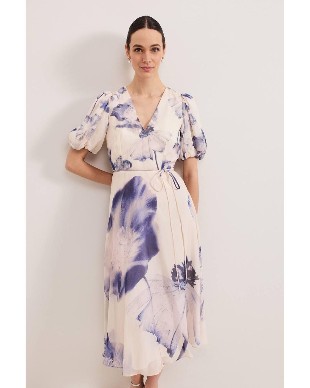 Phase Eight Pink Lizzie V-Neck Puff Sleeve Midi Dress
