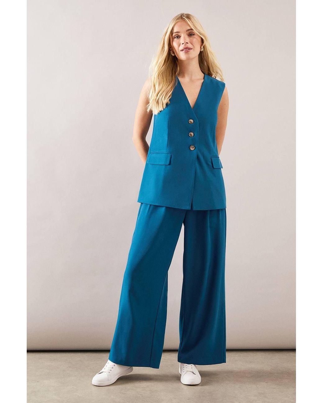 Wallis Blue Petite Three Button Pocket Detail Waistcoat