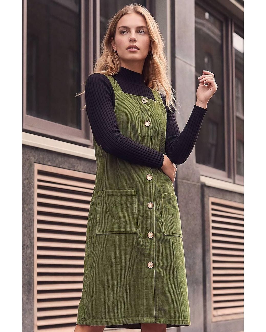 Roman Green Corduroy Pinafore Midi Dress