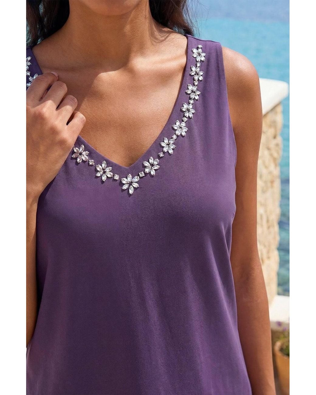 Roman Blue Embellished V-Neck Stretch Vest Top