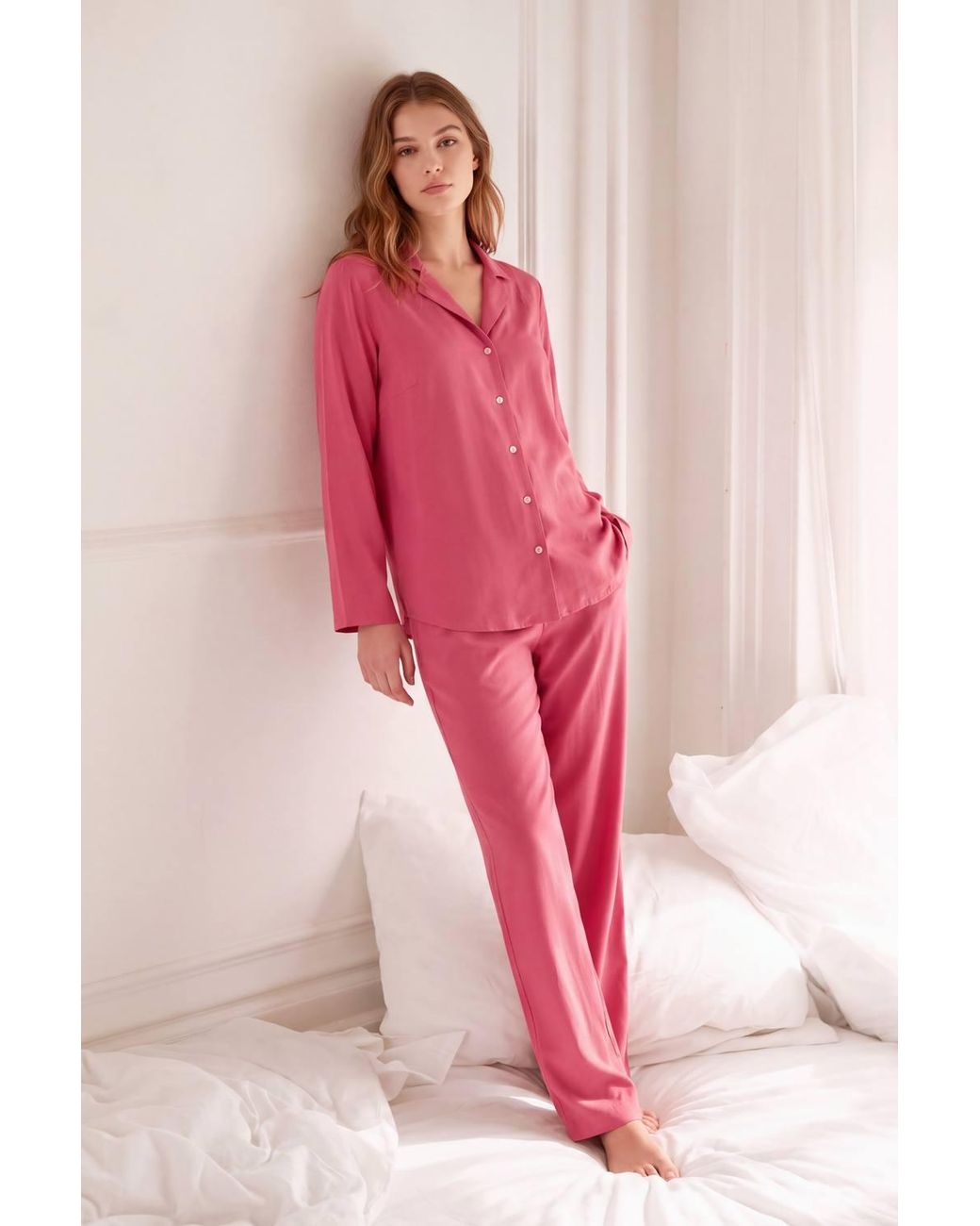 Enorsia Pink Soft Touch Button Through Shirt & Trouser Pyjama Set