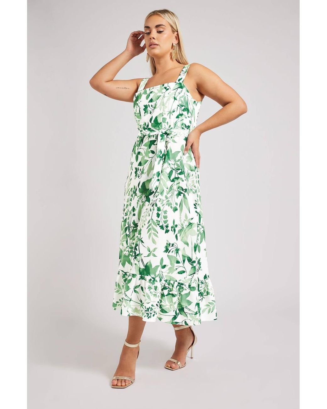 Yours Green Botanical Leaf Print Linen Look Dress