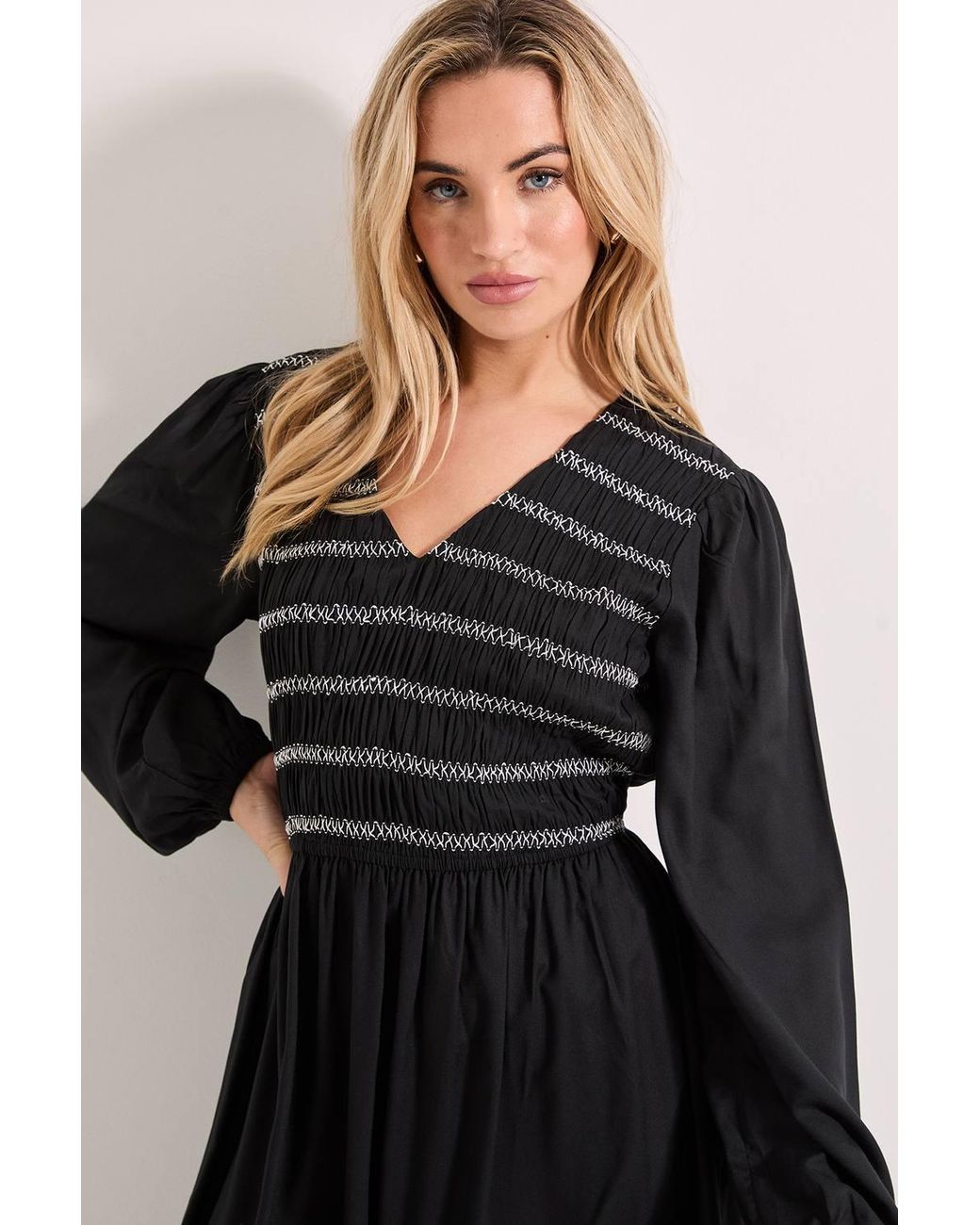 Dorothy Perkins Black Contrast Stitching Shirred Bodice V Neck Midi Dress