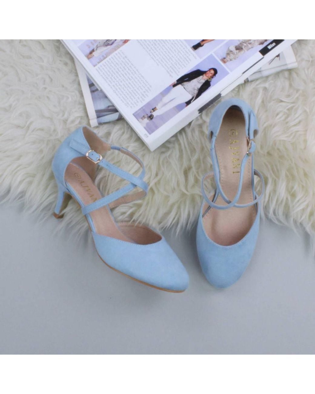AJVANI Blue Mid Heel Crossed Straps Court Shoes