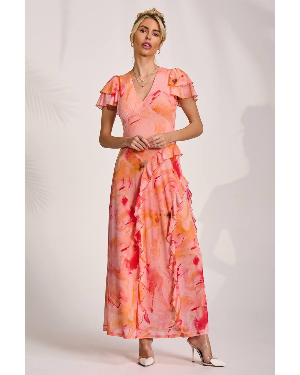 Jolie Moi Red Cap Sleeve Ruffle Mesh Maxi Dress
