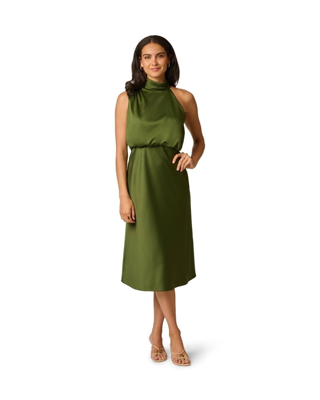 Adrianna Papell Green Satin Crepe Drape Dress