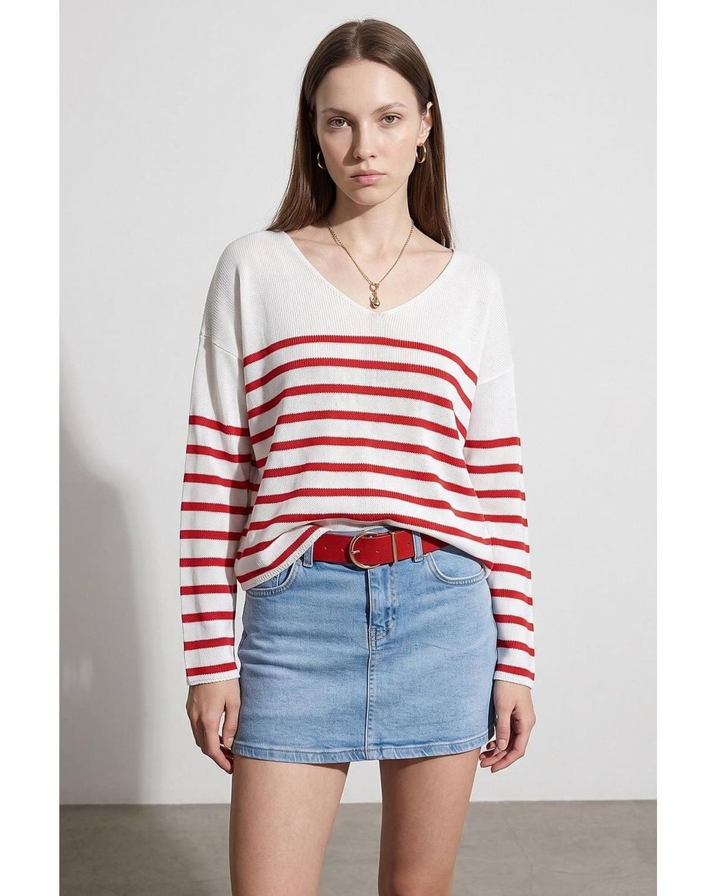 Dilvin Blue Striped V-Neck Ribbed Knit Sweater