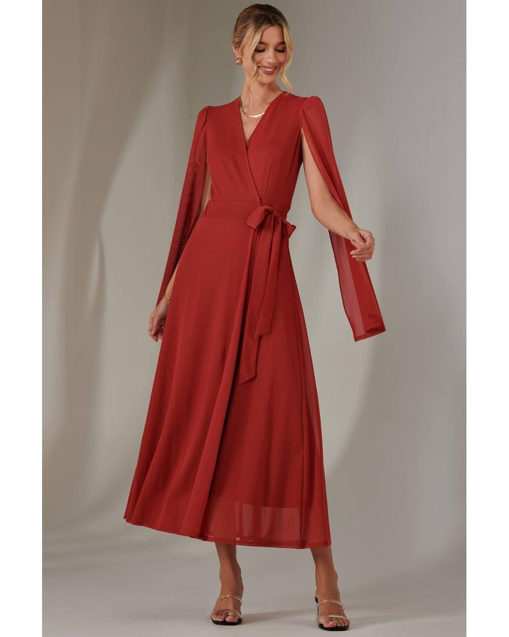 Jolie Moi Red Cape Sleeve Wrap Maxi Dress