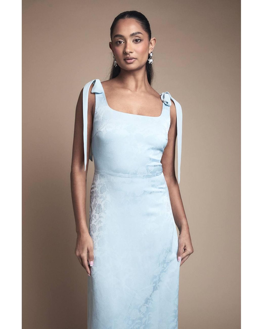 Oasis Blue Square Neck Chiffon Tie Shoulder Satin Jacquard Bridesmaid Dress