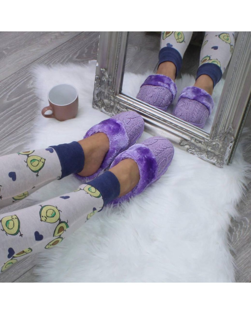 AJVANI Purple Flat Heel Mule Glitter Cable Knit Slippers