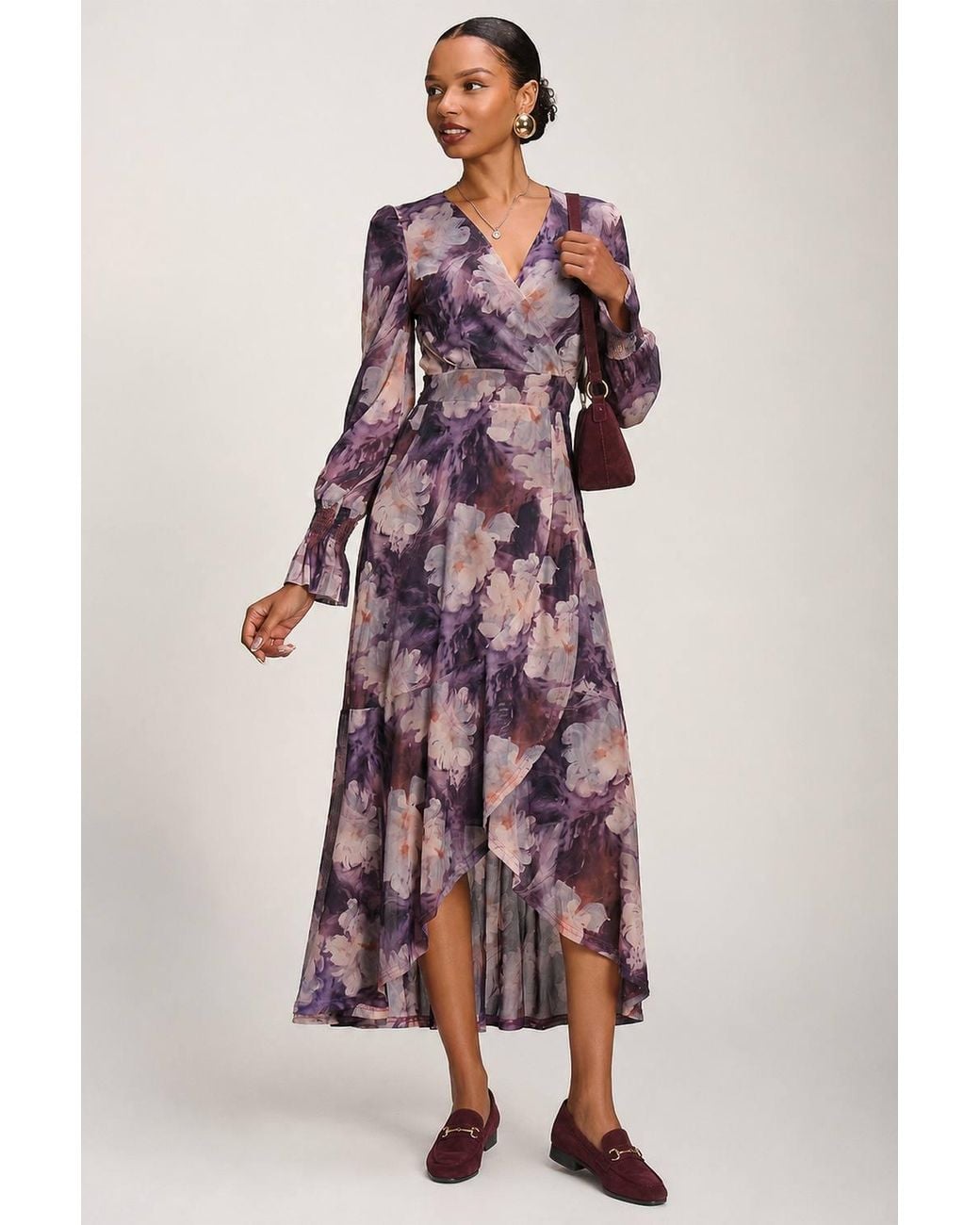 Jolie Moi Purple Ruffle Cuffed Sleeve Frill Mesh Maxi Dress