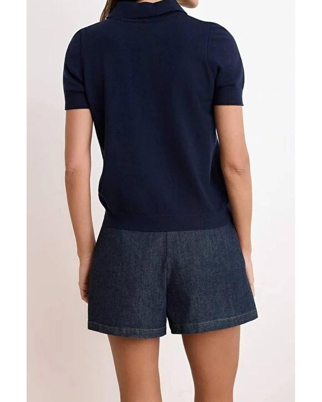 WOVCOR Blue Tie Neck Collared Short Sleeve Knitted Slim Fit Top