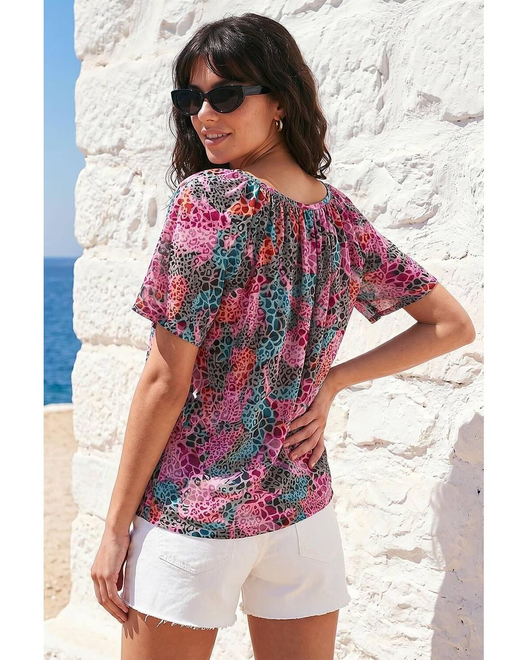 Roman Red Print Tie Front Button Top