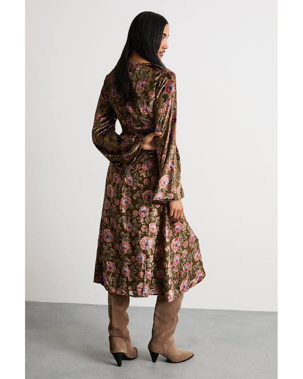Warehouse Brown Devore Plunge Neck Waisted Midi Dress