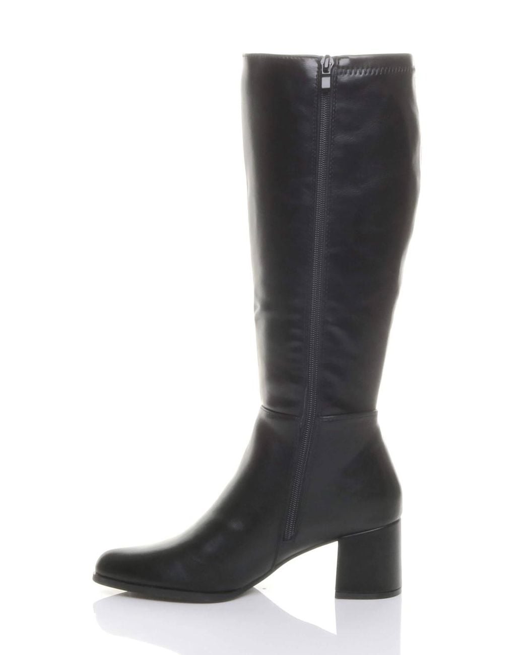 AJVANI Black Mid Block Heel Pointed Toe Stretchy Riding Calf Boots