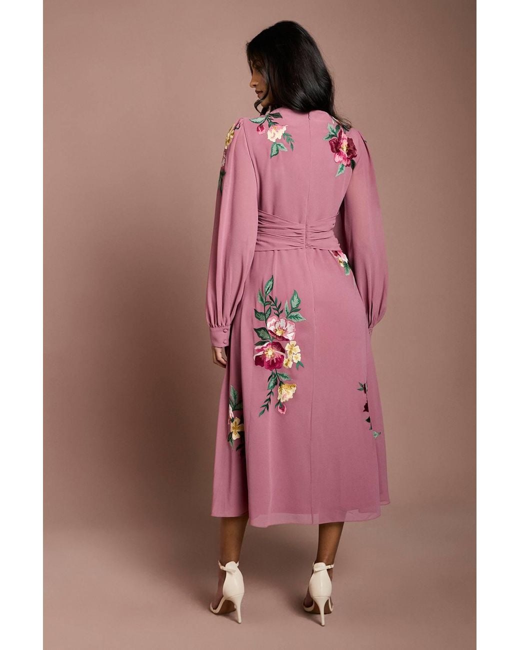 Coast Pink Petite Embroidered Long Sleeve Belted Midi Dress