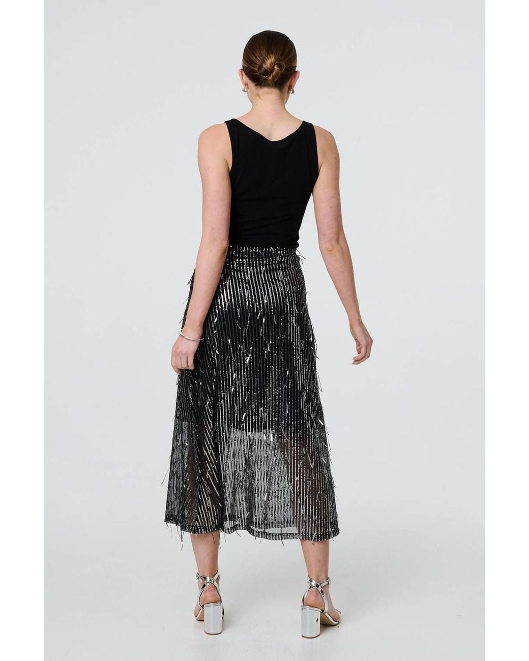 Izabel London Blue Sparkly Striped Mesh Layer Midi Skirt