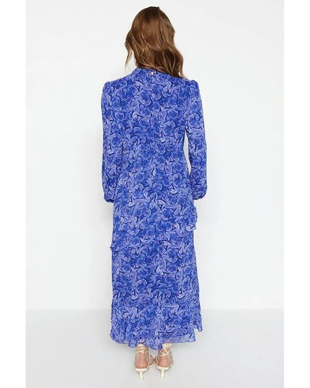 WOVCOR Blue Floral Ruffle Detail Long Sleeve Chiffon Maxi Dress